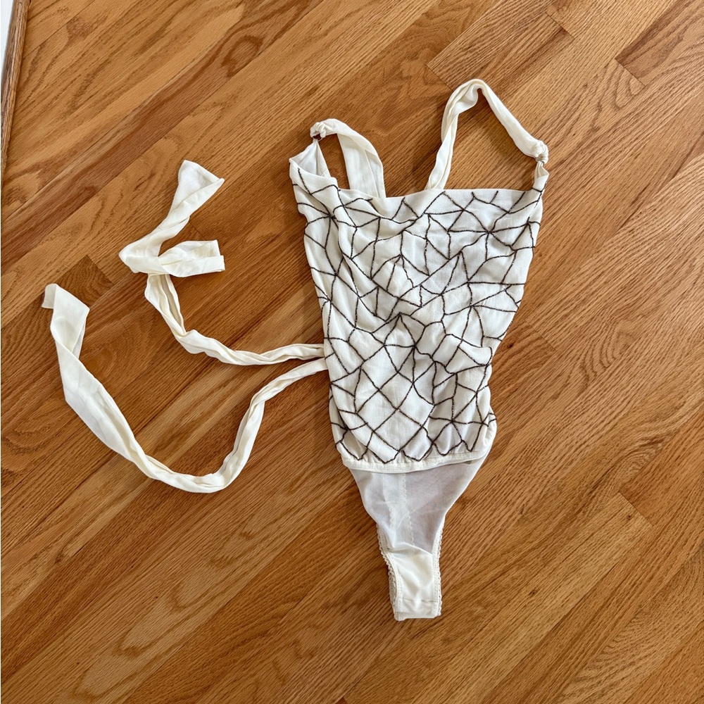 Free people cream beaded sequin bodysuit with open tie back